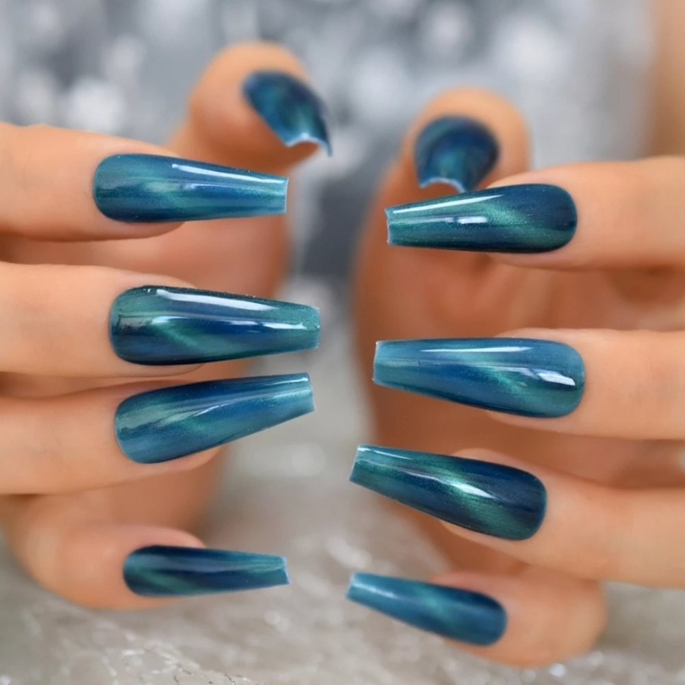 AQUA CATS EYE 💅NAILS glue on OR press on W/ GLUE+TABS +FILE (Any length)